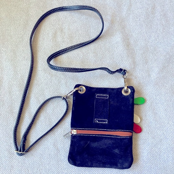 Amica Italian Suede Crossbody Black with Multi Colored Zippers Travel - Picture 3 of 6
